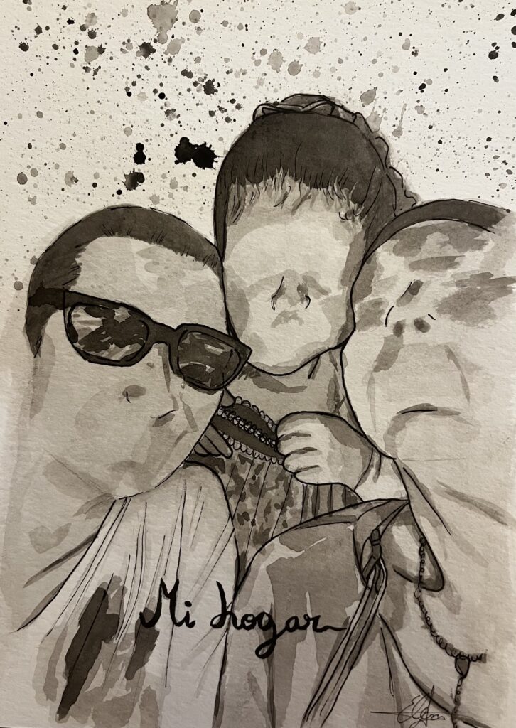 Ilustración a acuarela aguada de una familia con un bebé