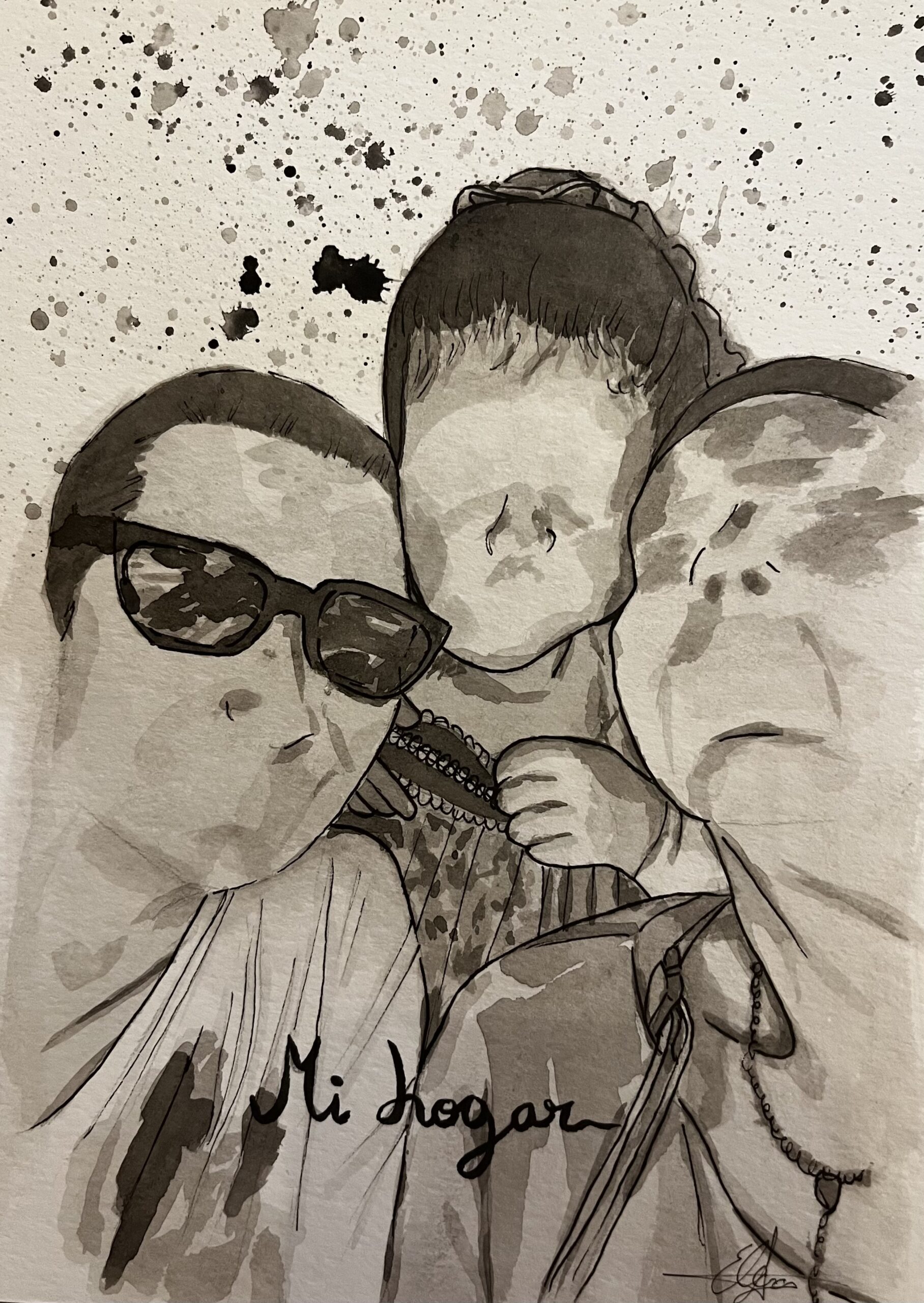 Retrato en aguada personalizado, ilustración artística en acuarela negra hecha a mano